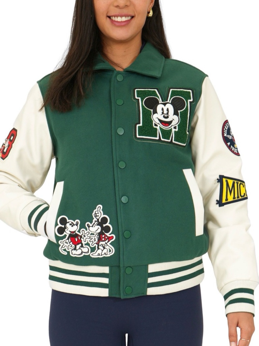 Disney Adult Unisex Green and White Varsity Mickey Mouse Jacket With Patches